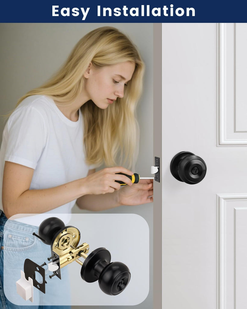 10 Pack Matte Black Privacy Door Knobs Interior, Classic Round Shape Bedroom Doorknobs with Lock, Keyless Modern