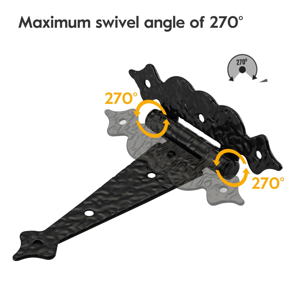 Heavy Duty Black Gate Hinges, 6 Inch Decorative Hammered Hinges, Outdoor T Hinges for Wooden Fences, Shed Door, Barn