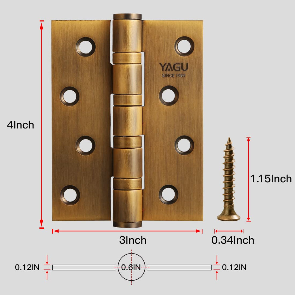 3 Pack 4'' Door Hinges Antique Brass 4 x 3 Inch - Square Corners Stainless Steel Heavy Duty Ball Bearing Hinges for
