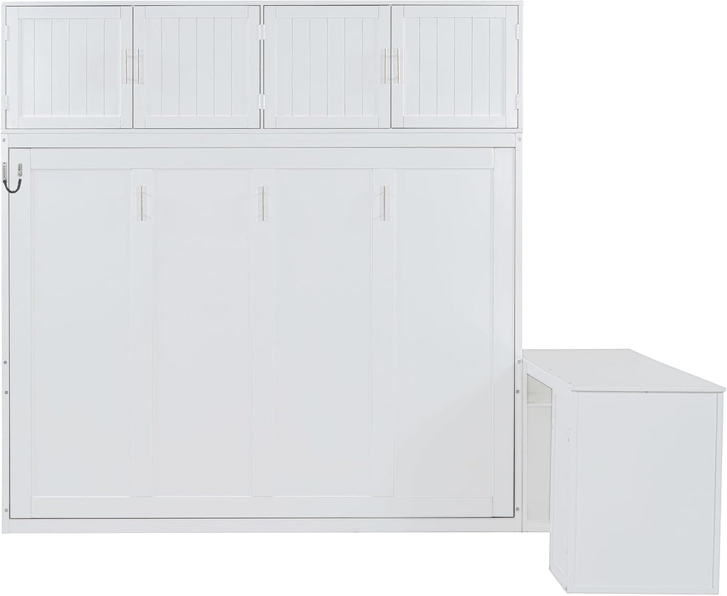 Queen Murphy Bed, Wooden Queen Wall Bed Frame with Desk and Storage Shelves and Big Cabinets, White
