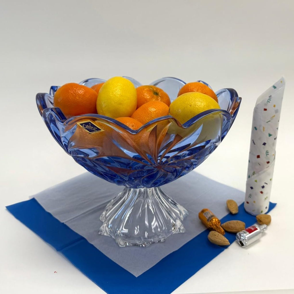 11.25-Inch Bohemian Crystal Footed Fruit Bowl FLORA, Gift Platter, Crystal, Deep Plate, Blue