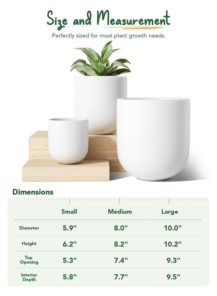 6, 8 & 10 Inch Ceramic Planter Set for Indoor Plants, White