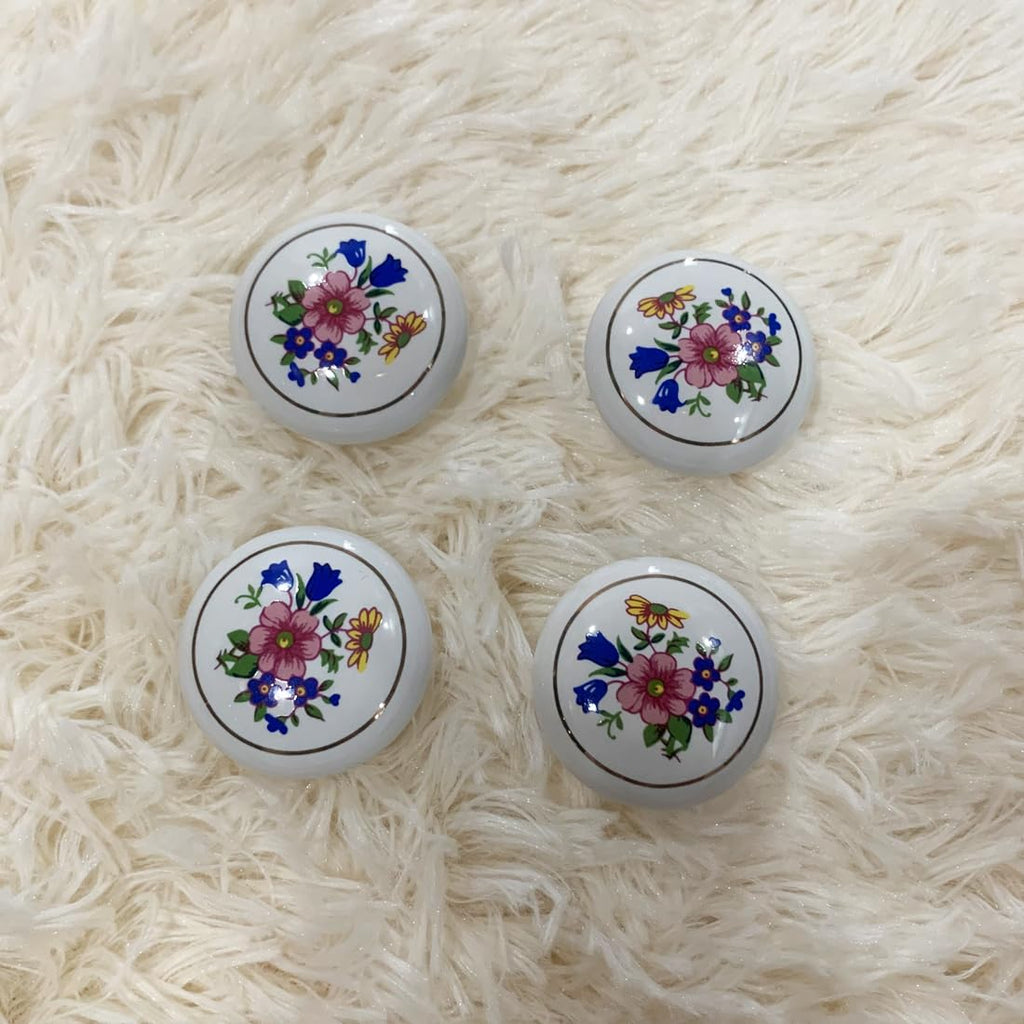 Ceramic Hand Painted Drawer Knobs, [4 Pack] Vintage Flower Painted Cabinet Knobs and Pulls, Kitchen Furniture Knobs