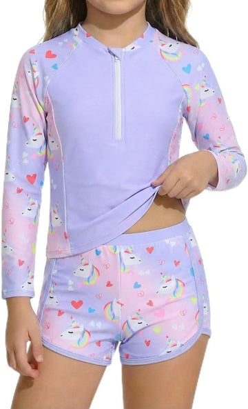 Girls Rash Guard Swimsuit Long Sleeve Bathing Suit with Zip