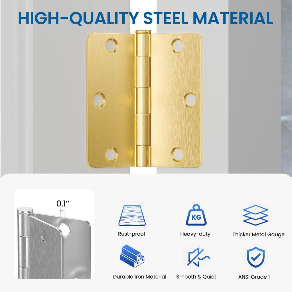 6 Pack Door Hinges Brushed Brass 3.5 Inch with 1/4" Radius Corners Rounded Satin Brass Interior Door Hinges 3 1/2"