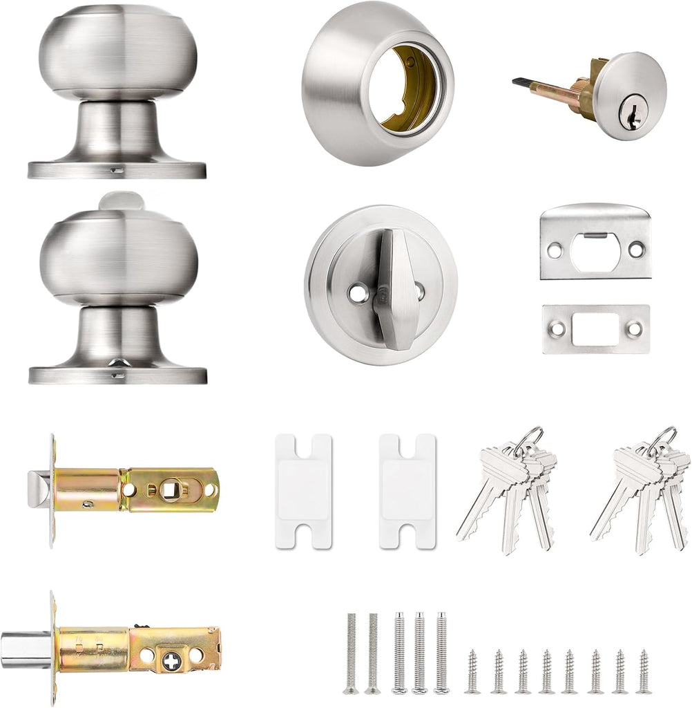 1 Pack Entry Door Knob Set with Single Cylinder Deadbolt Combo Set, Keyed Alike Brushed Nickel Door Knobs with Lock