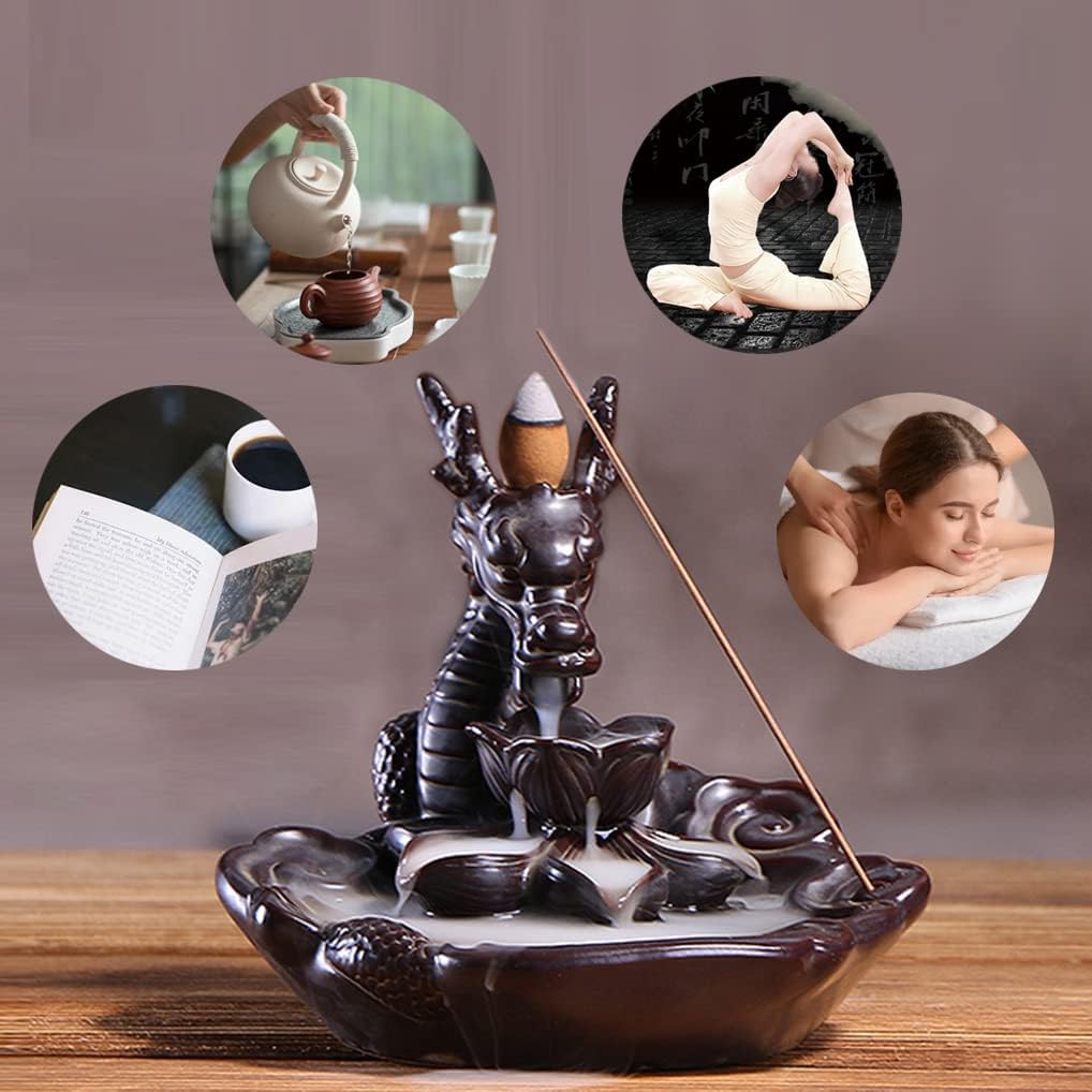 Dragon Incense Waterfall Burner Ceramic Backflow Incense Holder Set with Incense Cones and Incense Sticks, Dragon - Set of 95