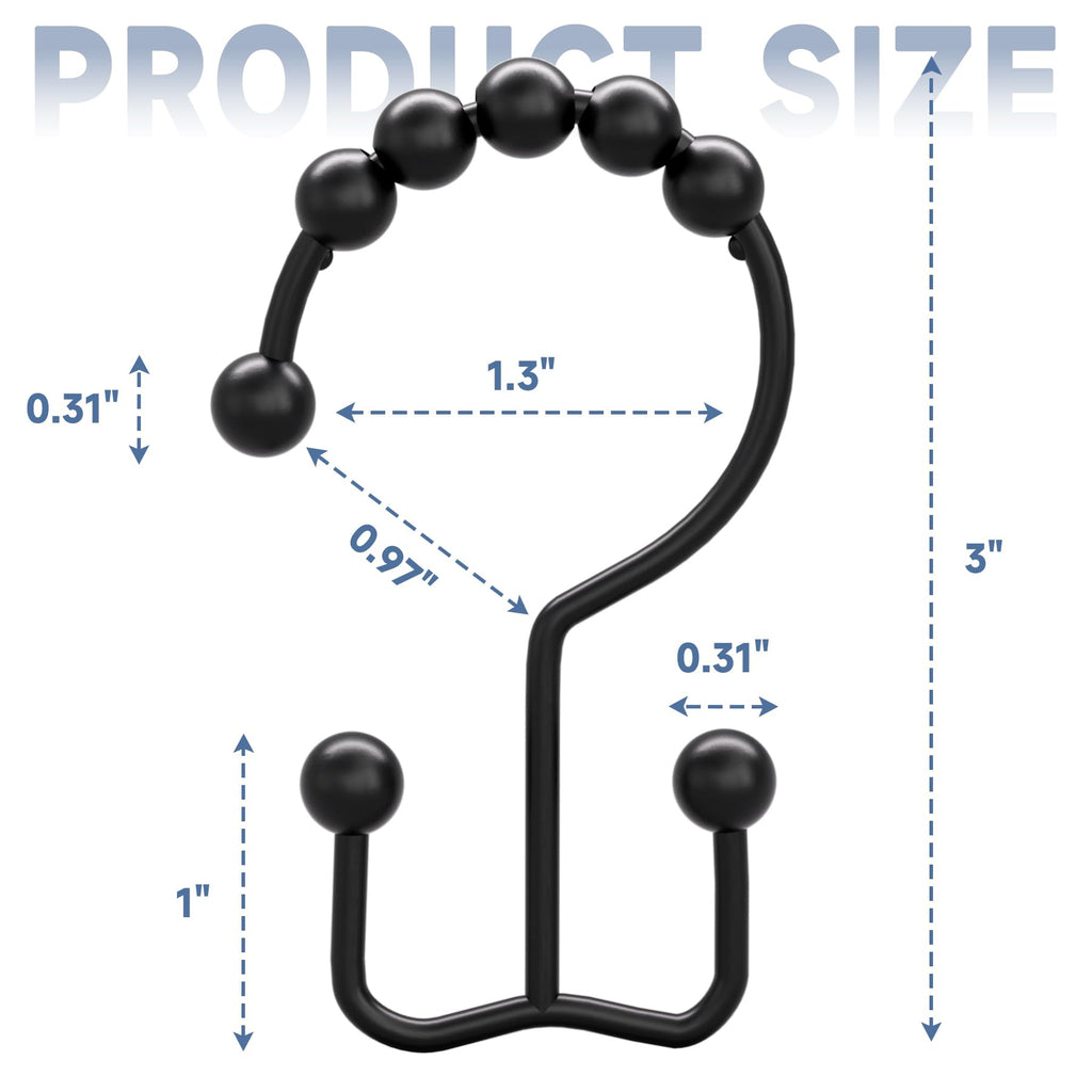 Black Shower Curtain Hooks Rings, Rust-Resistant Metal Double Glide Shower Hooks Shower Rods Curtains, Set of 12