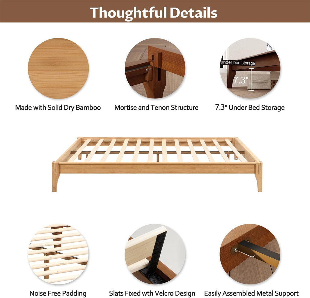 Japanese Natural Bamboo Bed Frame, 7.3"Storage Space Wood Platform Bed, Low Profile Floating Design Without