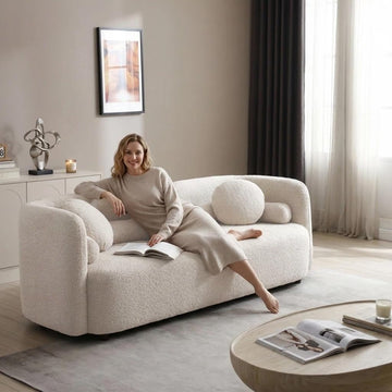 Curved Sofa Couch, 88.58", Solid Wood Frame, Pillows, Boucle, Modern, White