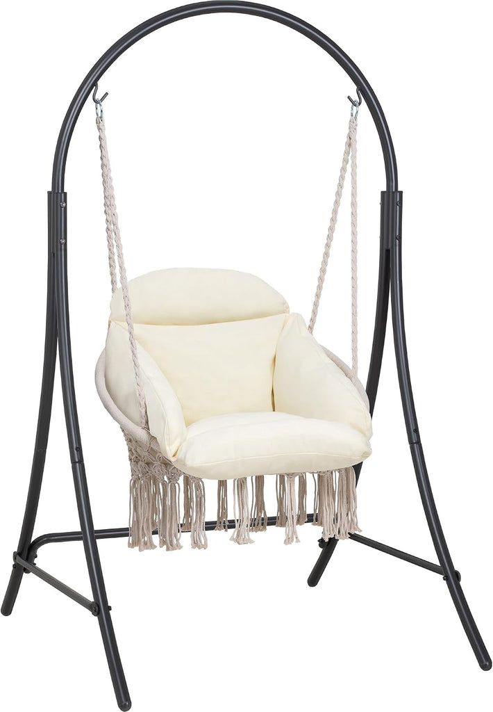 Outdoor Hanging Hammock Chair with Stand, Natural Macrame Swing Chair | Heavy Duty Hanging Chair Stand with Swing