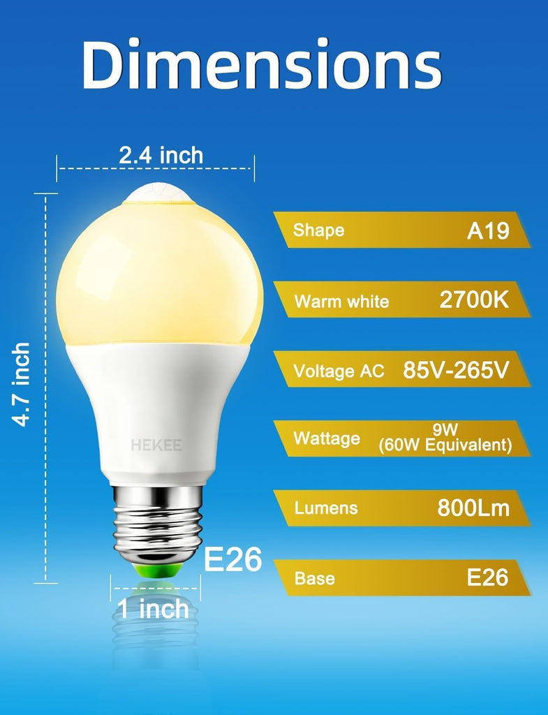 Motion Sensor LED Light Bulb 9W A19 PIR Built-in IR 60W Equivalent Bright 900 Lumens E26 Base Warm White Bulbs (2