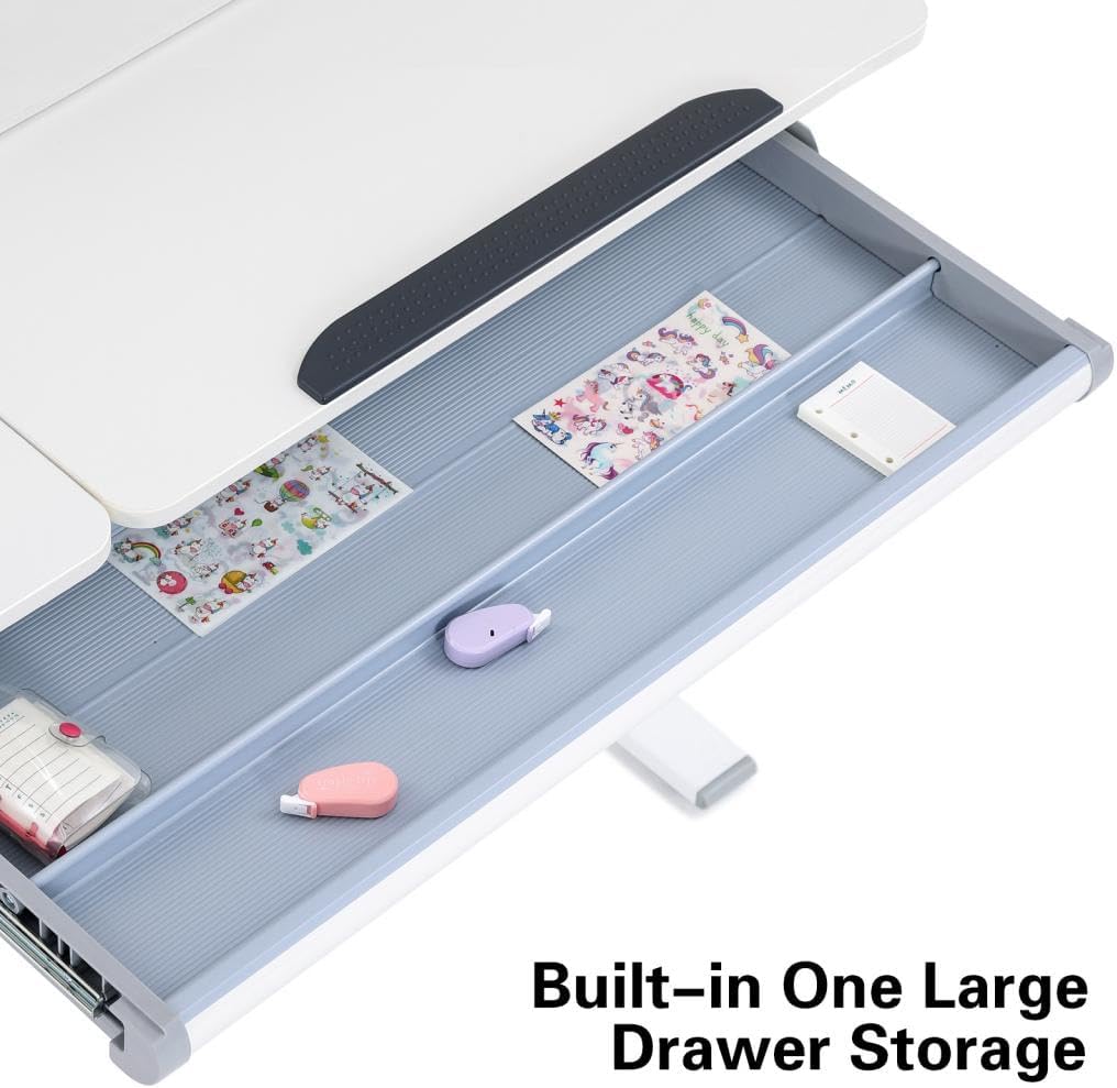 39in Wide Adjustable Height Kids Desk with Tilting Desktop, Bookshelf Hutch