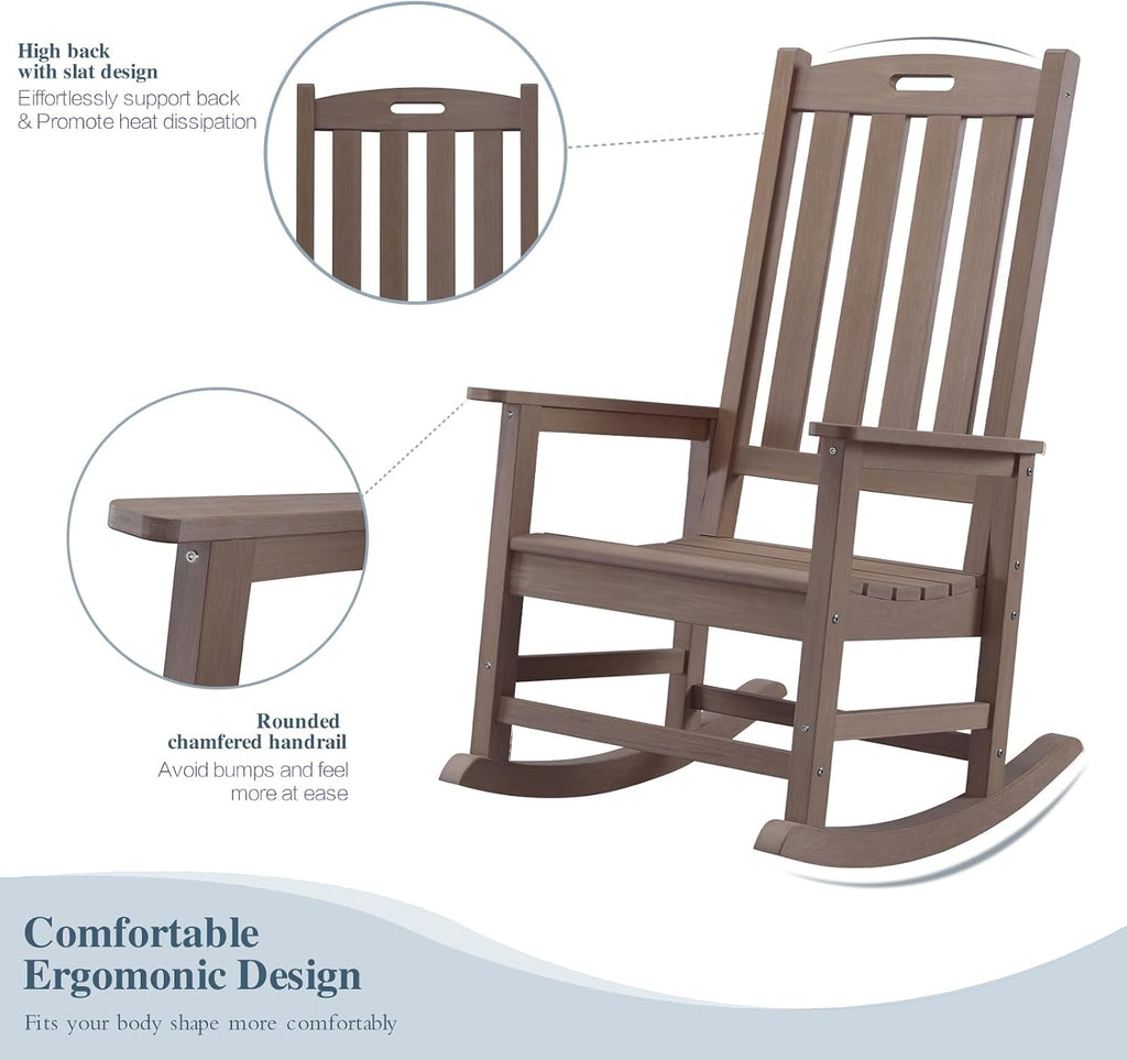 Oversized Outdoor Rocking Chair, HDPE Porch Rocker (Brown) | High Back Rocking Chairs for Adult, 350lbs Weight