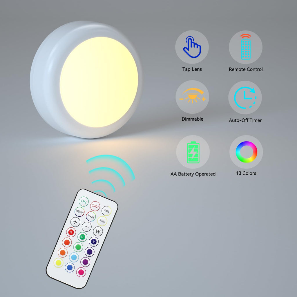 LED Puck Lights with Remote, AA Battery Powered Operated, 6 Pack