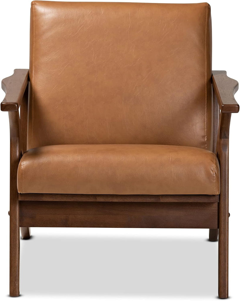 Bianca Mid-Century Modern Walnut Brown Finished Wood and Tan Faux Leather Effect Lounge Chair
