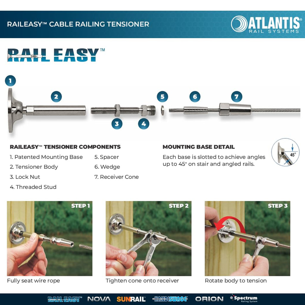 RailEasy Cable Railing Kit (5/32") - Includes C0981-1004 Tensioner & C0981-S104 Swivel Ends - 316L Marine Grade