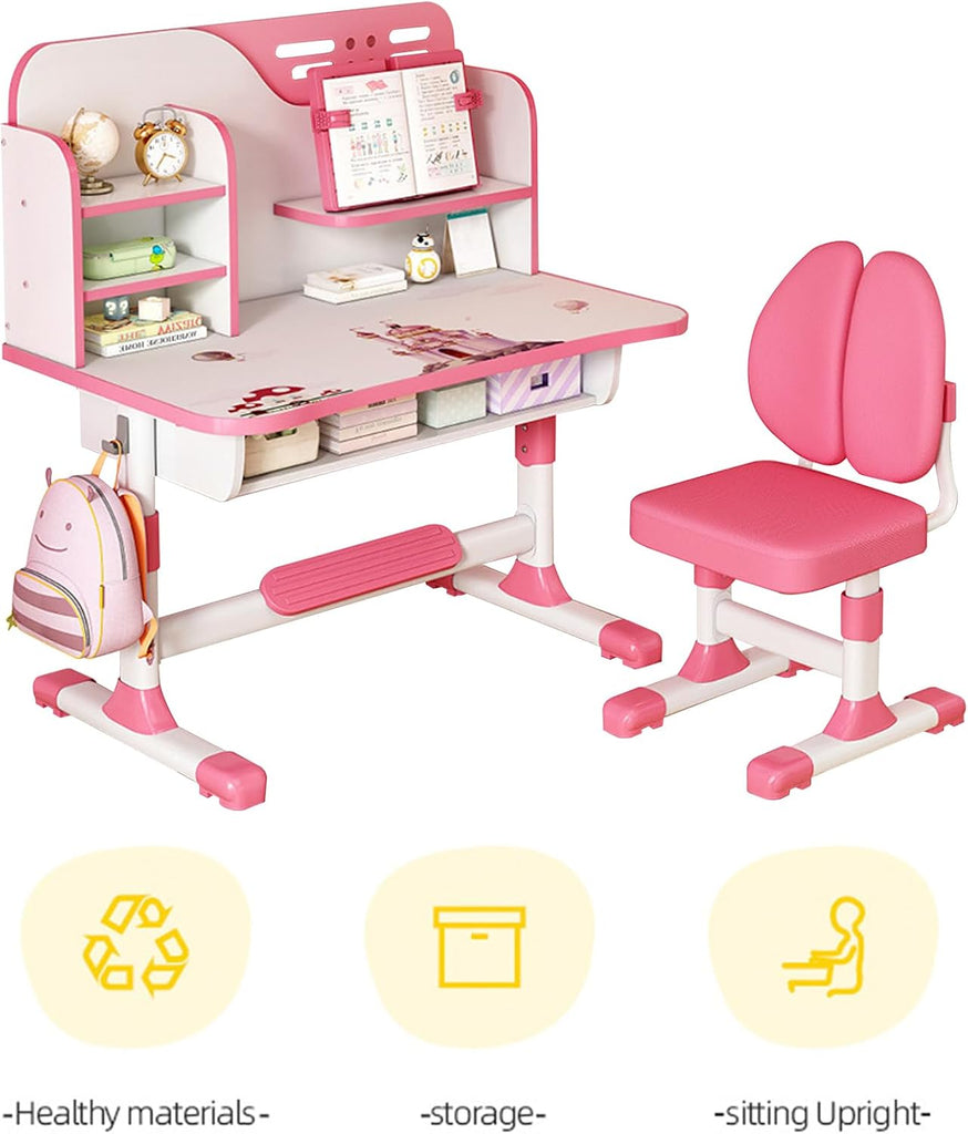 Kids Desk and Chair Set, Height Adjustable Children Study Table and Chair