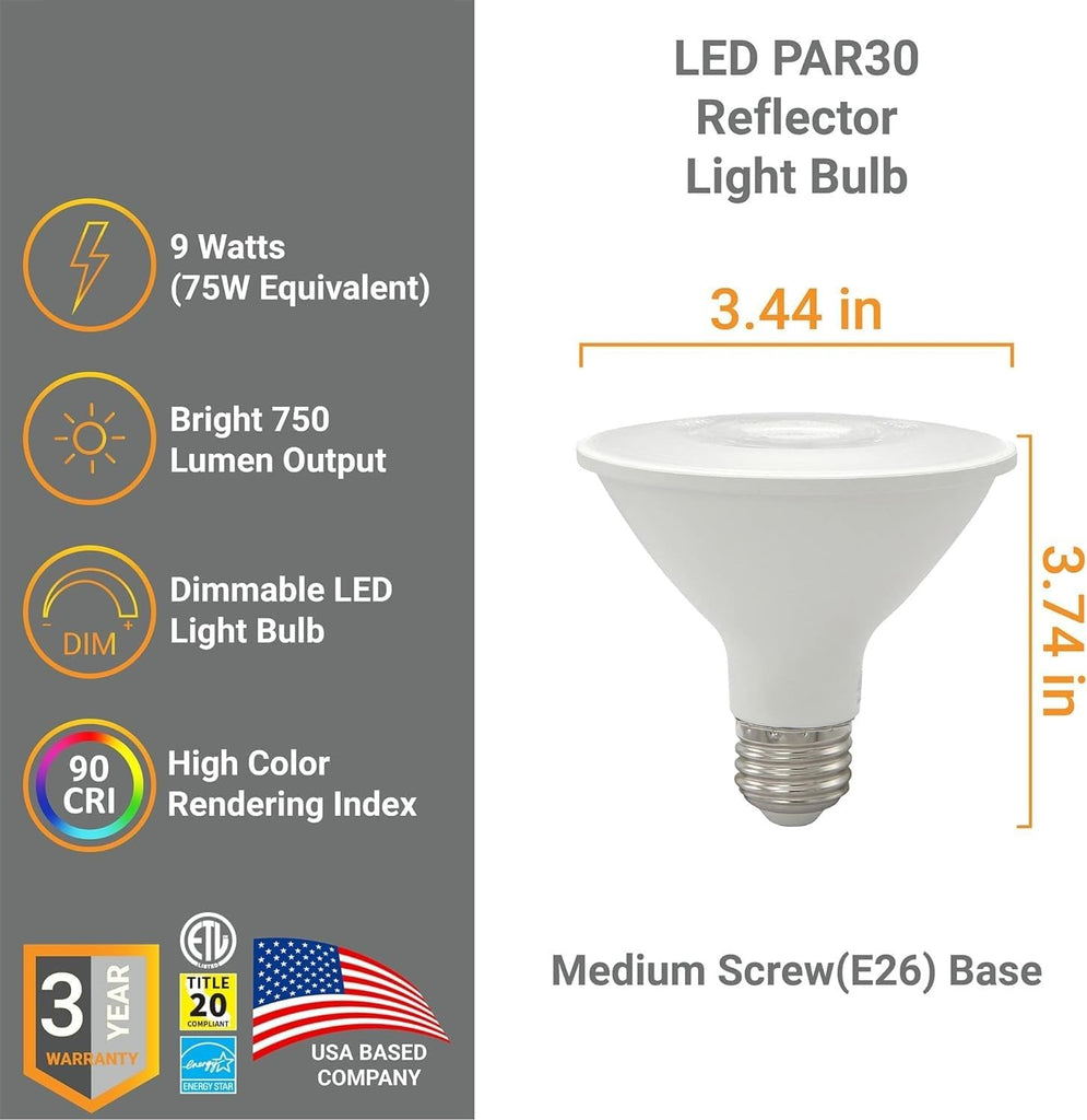 PAR30 LED Bulb Short Neck Flood Light Dimmable 9W (75W Equivalent) 750 Lumen E26 Standard Medium Base 5000K Bright