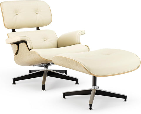 Modern Chaise Lounge Chair and Ottoman — White Leather
