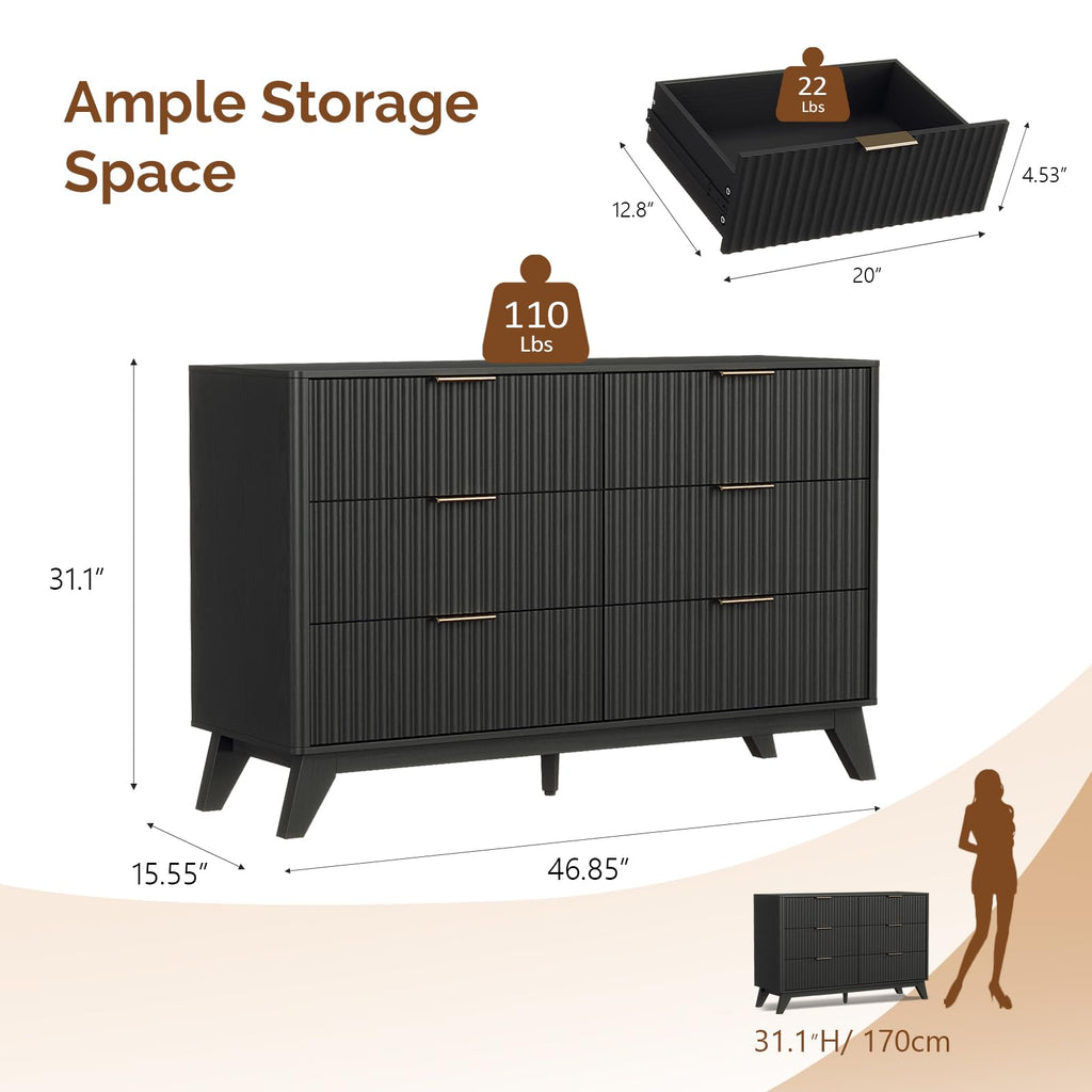 Black Fluted 6 Drawer Dresser with Rounded Edges, Black Modern Dresser, 46.8" W*15.5" D*31" H