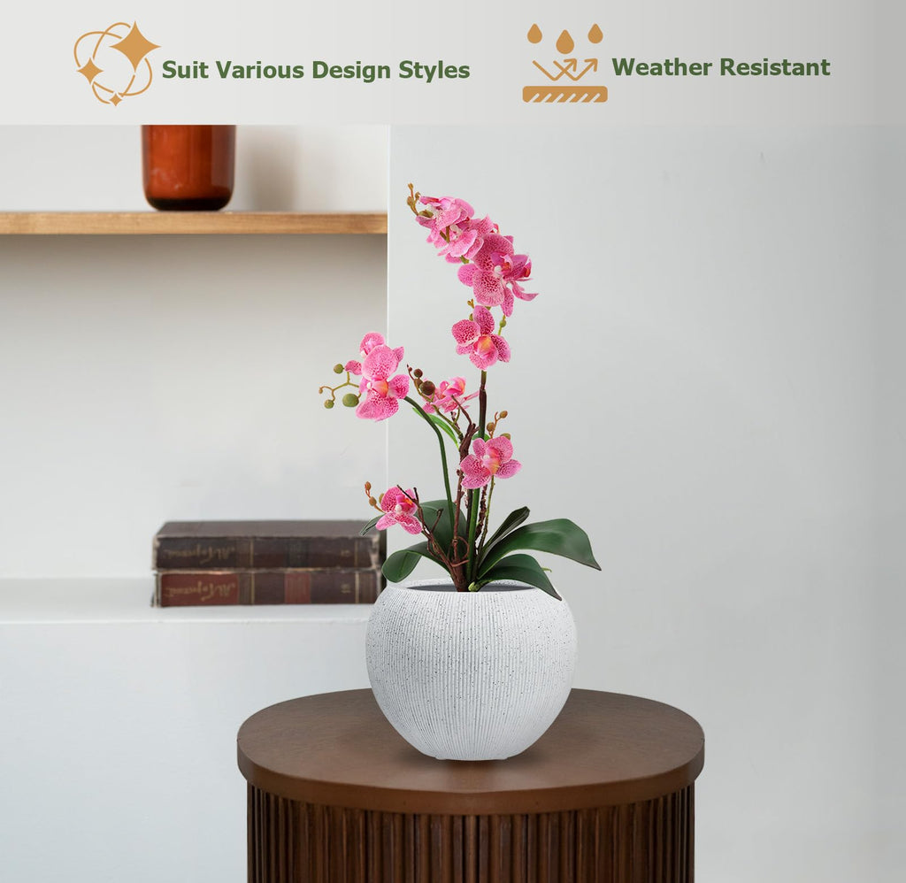 12" Dia - Ribbed Globo Fiberstone Round Planter - Speckled White