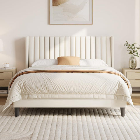 Queen Bed Frame Upholstered Platform Bed with Fabric Headboard