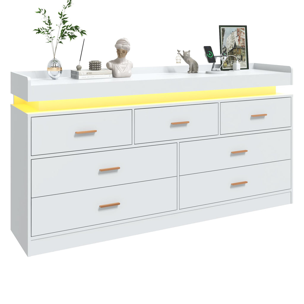 7 Drawer Dresser with Charging Station and LED Lights, Modern Chest of Drawers with Power Outlet, Organizer Cabinet