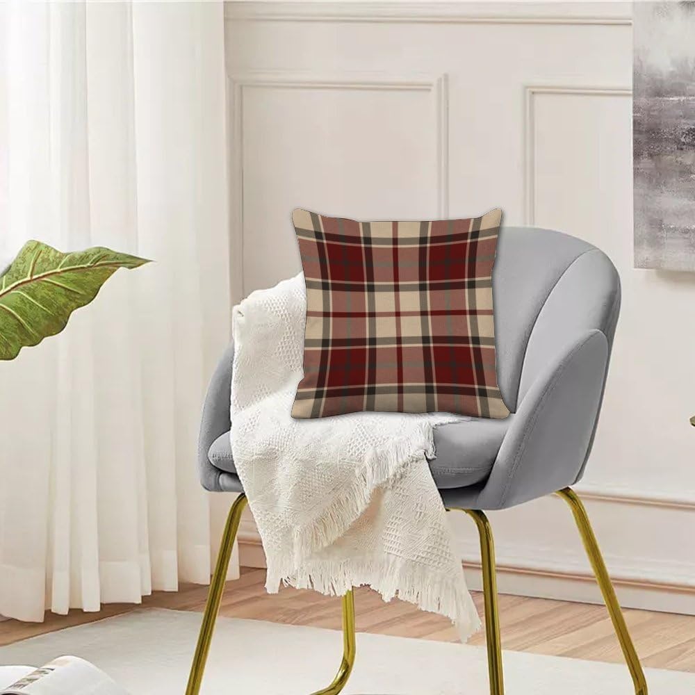 Burgundy Beige Tartan Plaid Winter Throw Pillow Covers 18X18 Cute Pillow Cases Pillowcase Couch Cushions - Set of 2
