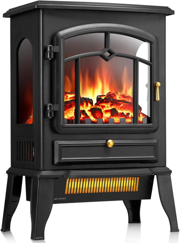 15 Inch Compact Electric Fireplace Stove Heater with Thermostat Control, 3D Realistic Flame Effects and Overheat Protection