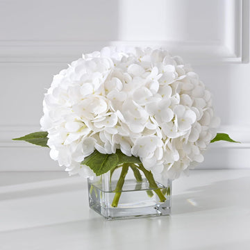 Luxury PU Fake Flowers in Vase with Faux Water, White Real Touch Hydrangea Artificial Flowers with Glass Vase Home
