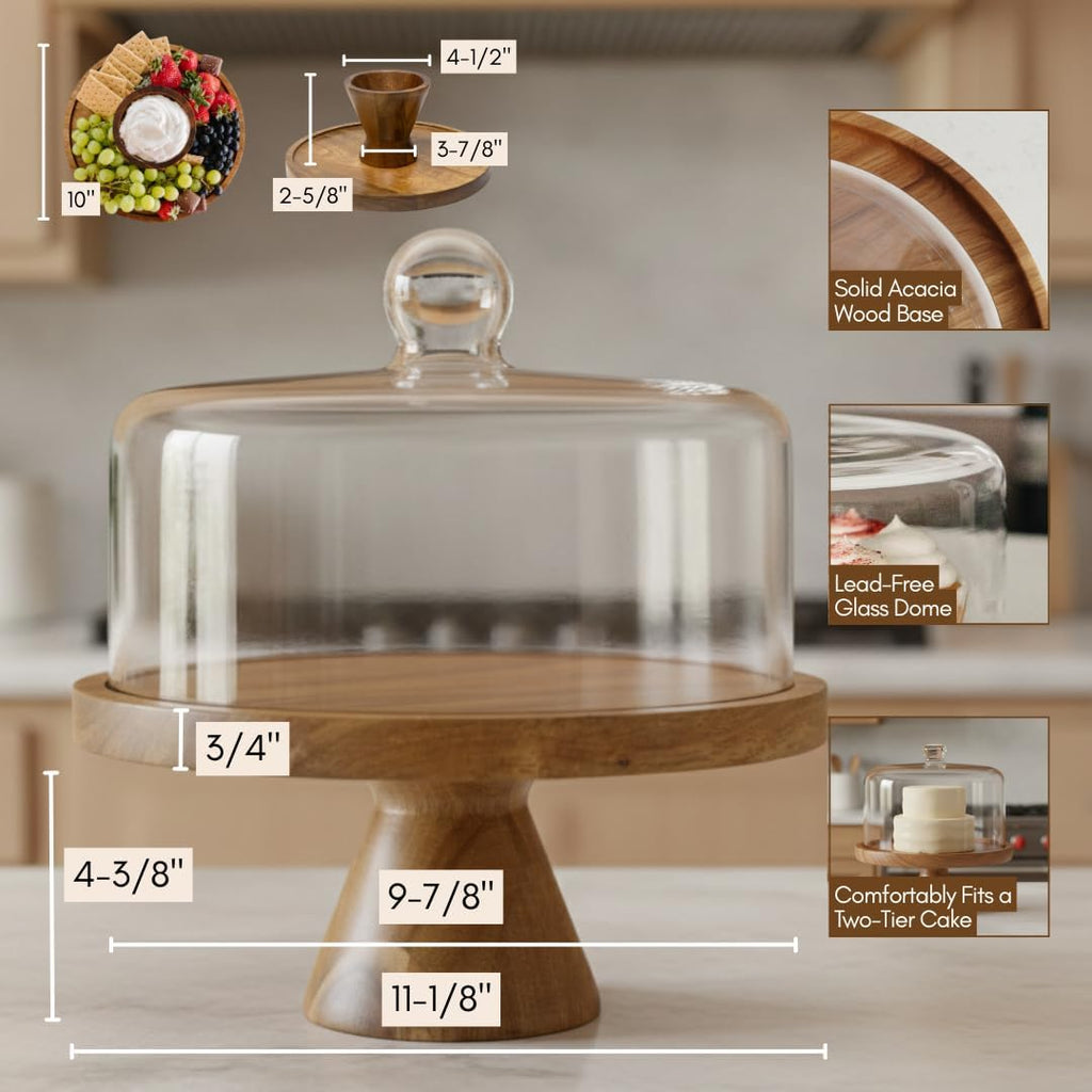 Acacia Wood Cake Stand with Glass Dome Lid & Reversible Serving Board Set