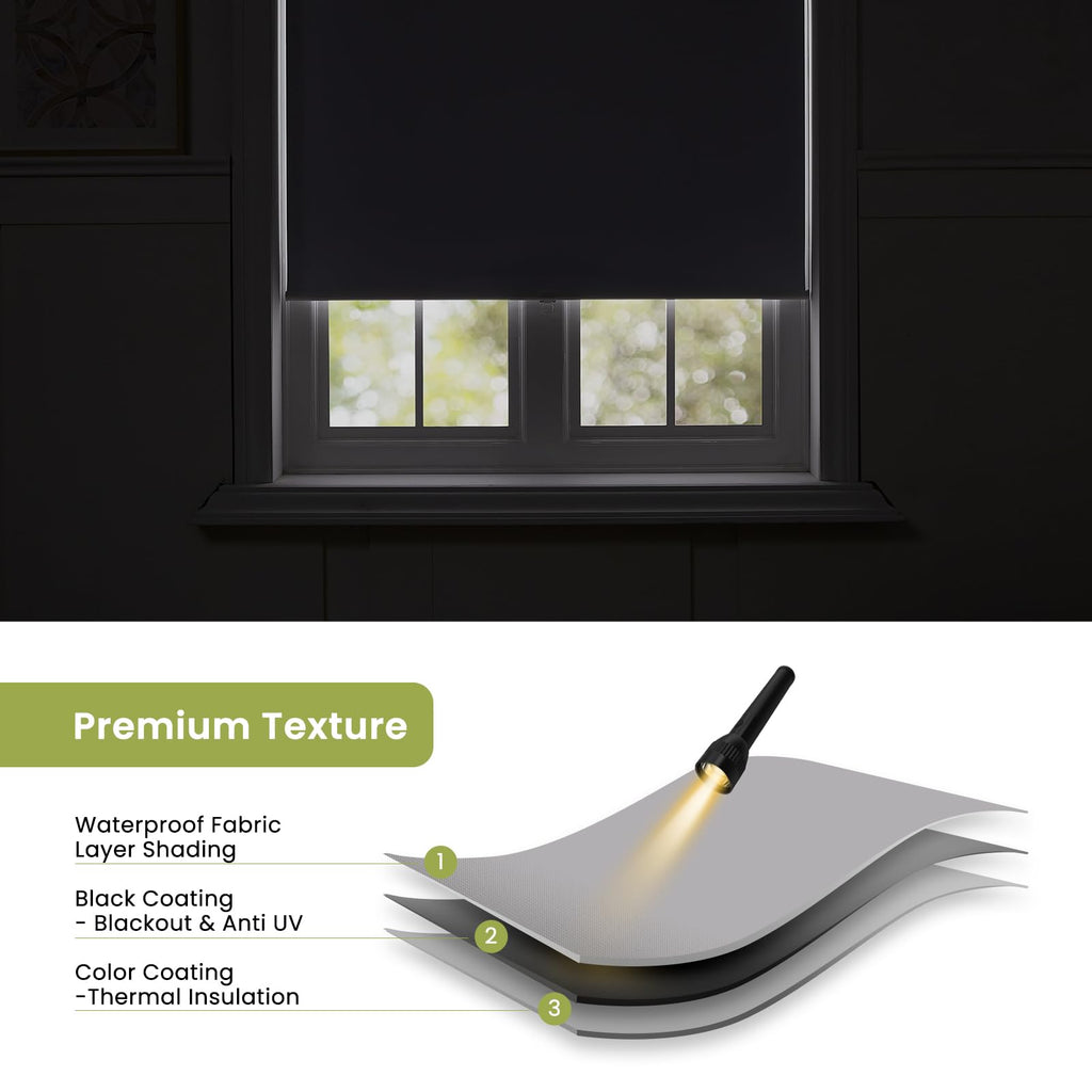 Cordless Roller Window Shades, 100% Black Out Shade for Windows, Thermal Insulated UV Protection Window Blinds, Door
