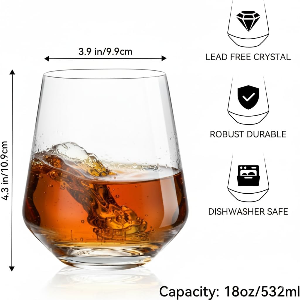 Stemless Wine Glasses Set of 6 - 18oz Modern Crystal Glass, Lightweight & Dishwasher Safe | Red & White Wine Glasses
