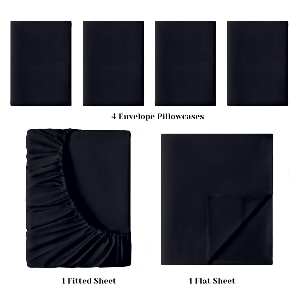 6 Pieces Bed Sheets Set(King, Black) - 1800 Thread Count Super Soft 100% Microfiber Sheets with Deep Pockets, Wrinkle