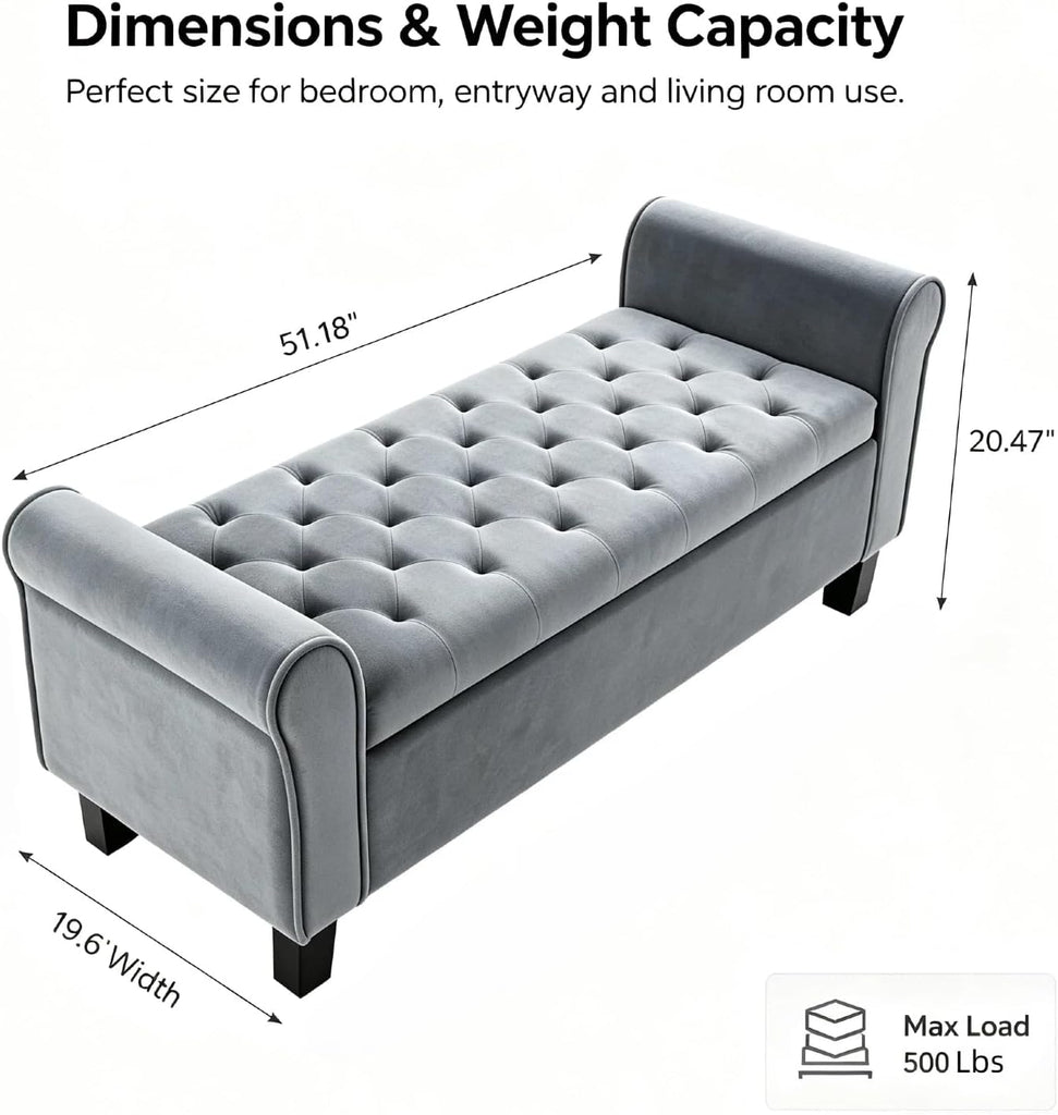 51 Inch Grey Velvet Storage Ottoman Bench with Rolled Armrests | Tufted Ottoman Bench with Storage,500 Lbs