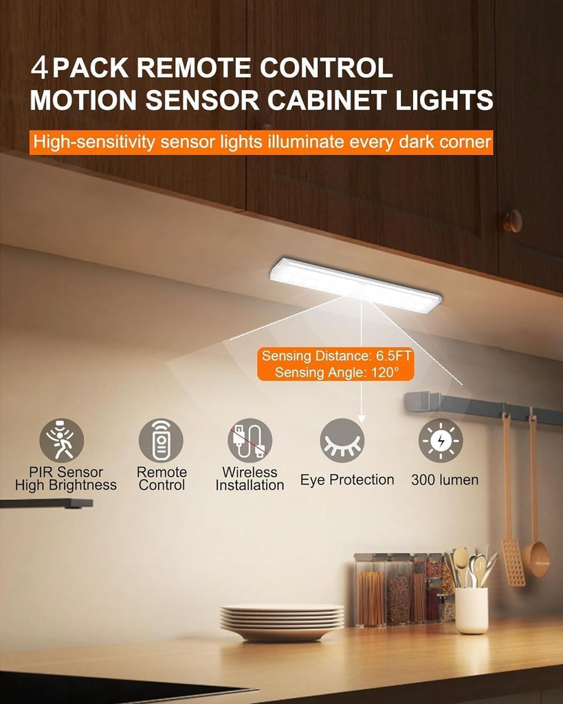 Under Cabinet Lighting Wireless, RGB LED Closet Lights, 4 Pack
