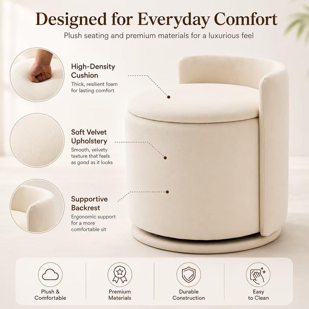Velvet Ottoman with Storage and Back 360°Swivel Makeup Chair 17" D x 17" W x 20" H Multipurpose Soft Seat Ottoman