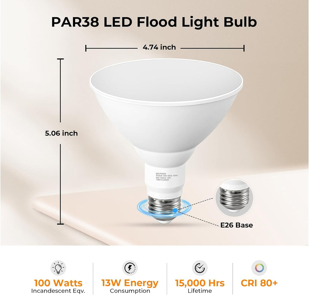 Soft White PAR38 LED Flood Light Bulbs Outdoor, 3000K Warm Glow, 13W, 100W Equivalent, 1050 Lumens, Dimmable