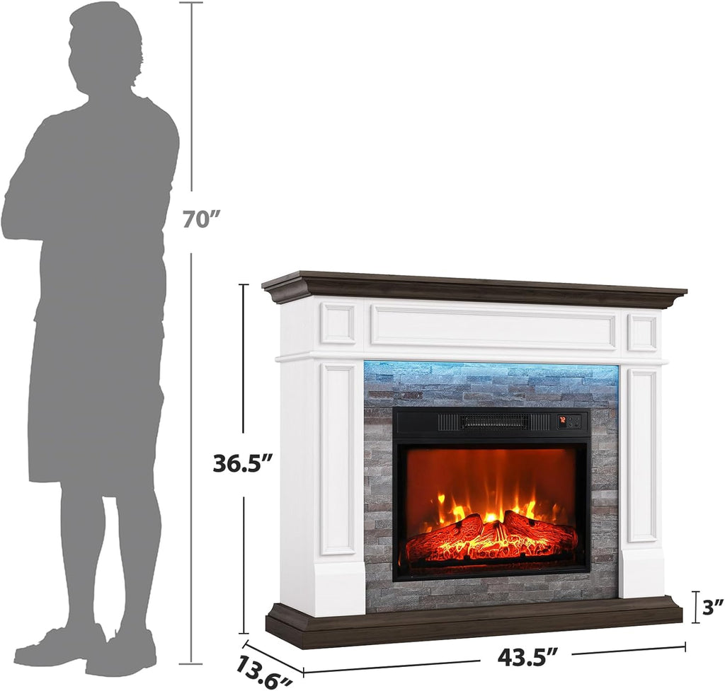 44" Electric Fireplace with Mantel, Tall Fireplace Heater Freestanding, Realistic Stacked Stone Surround with Timer