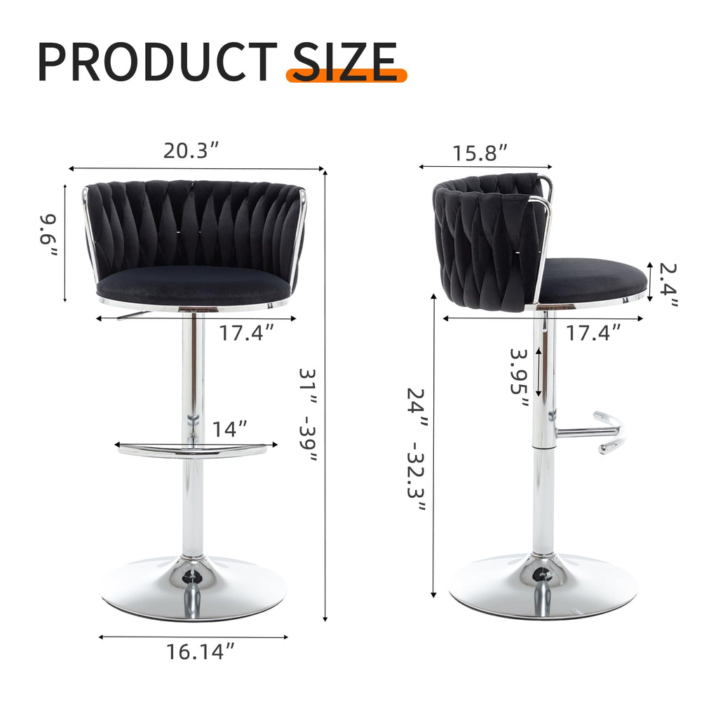 Velvet Bar Stools Set of 2, Counter Height Bar Chairs with Low Back, Swivel Barstools Island, Bar Pub (Black)