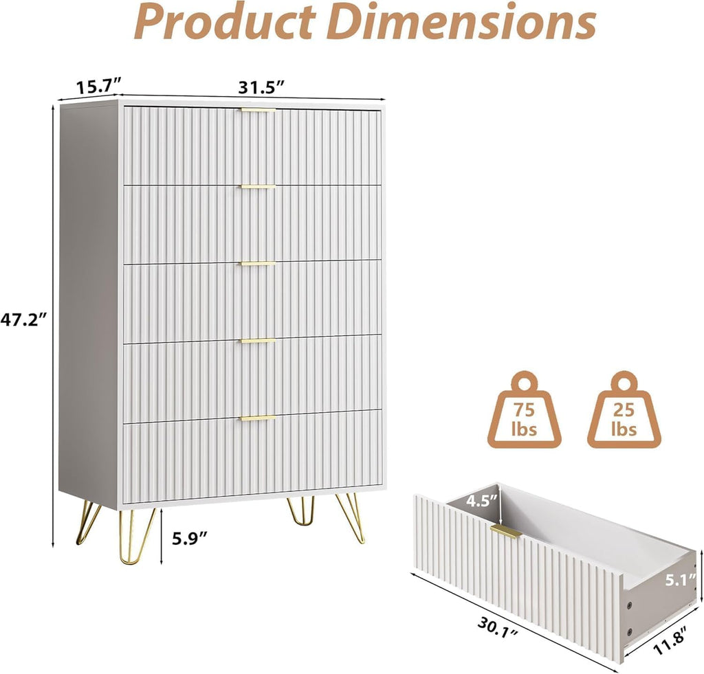 White 5 Drawer, Fluted with Gold metal Handles