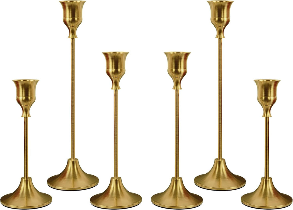 Set of 6 Brass Gold Candle Holders for Taper, Vintage Candlestick Holder Decorative Metal Candle Sticks Home Decor