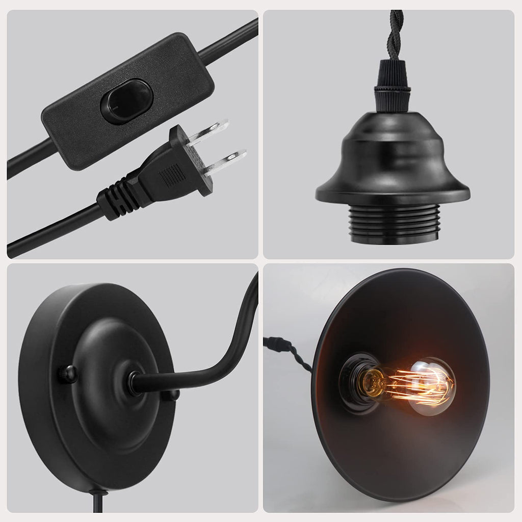 Plug in Wall Sconces, Vintage Plug in Wall Lamp Set of 2 with On/Off Switch, Metal Black Industrial Wall Mounted