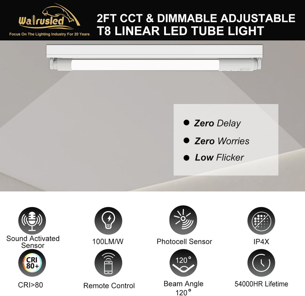 T8 LED Claps Tube Light 2FT, Photocell and Sound Activated Sensor, Remote,Dimmable, G13,IP4X,CCT,120V,10W,100