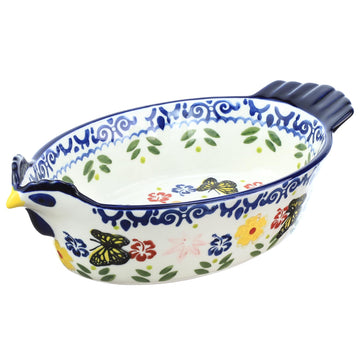 Vintage Butterfly and Flower Pattern Pie Pan, Chicken Shape Ceramic Bakeware Casserole Dish Baking Pan Bakers Lasagna