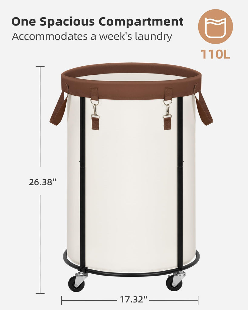 Rolling Laundry Hamper with Wheels 110L Laundry Basket, Round Laundry Cart with Metal Frame and Removable Bag