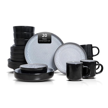 20-Piece Dinnerware Set - Serves 4, Reactive Glaze Bubble Frost Plates & Bowls Set | Microwave & Dishwasher Safe