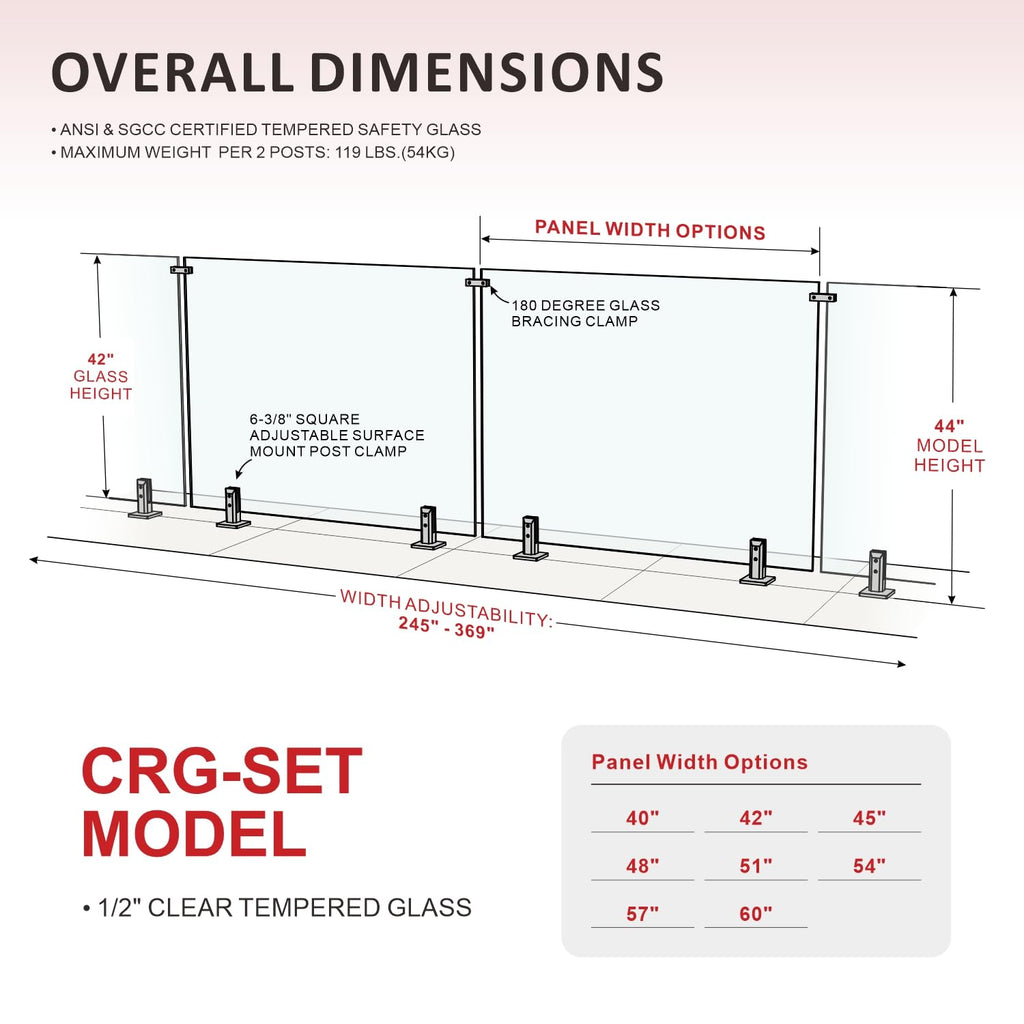 6-Panel Tempered Glass Railing System, 287-291" W x 44" H Deck Railing Kit