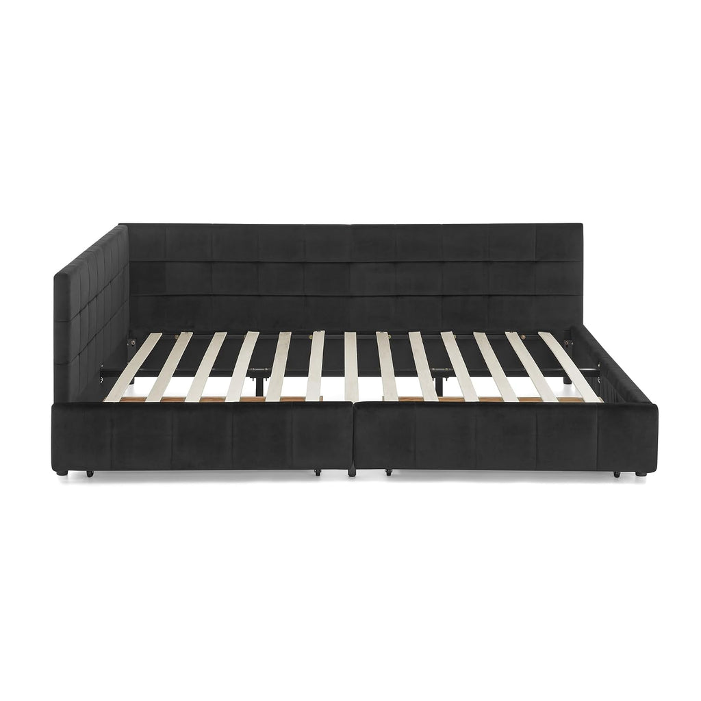 Queen Size Daybed with Storage Drawers, Velevet Upholstered Day Bed Frame with Tufted Backrest and Armrests,Solid